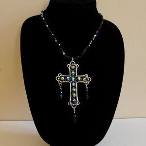 Silver Tone Cross Necklace Iridescent Beads Purple Blue Whimsigoth Goth
